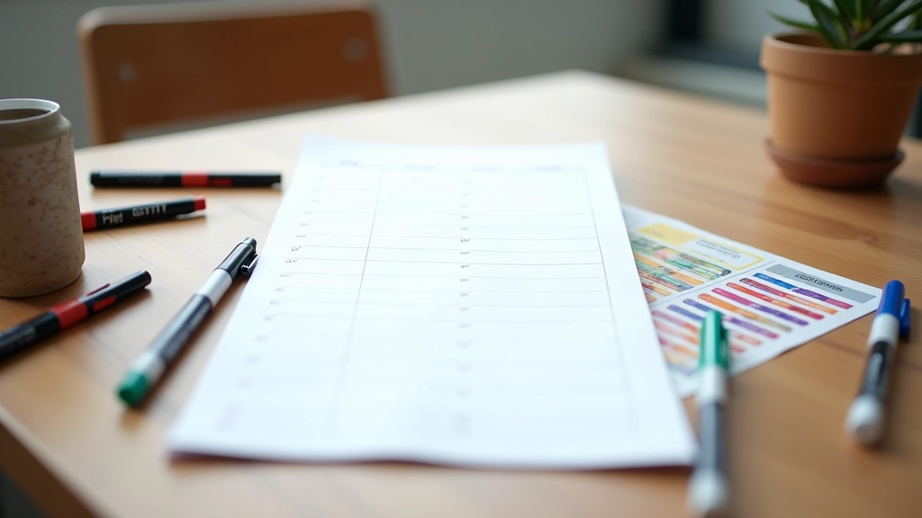Calendrier papier ouvert sur un bureau avec marqueurs colorés et notes manuscrites