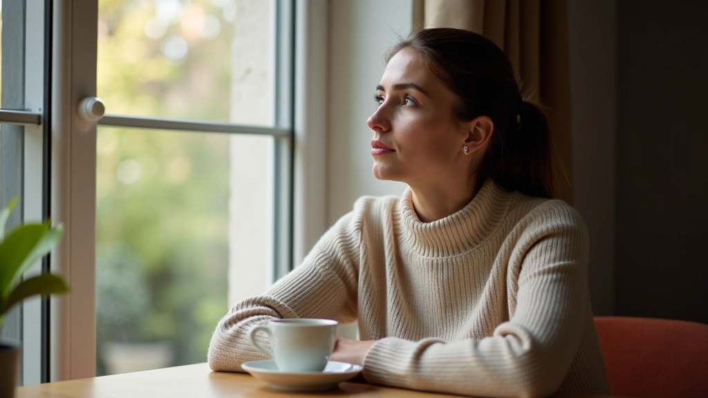 Personne assise à une table avec une tasse de thé, l'air réfléchi, regardant par la fenêtre